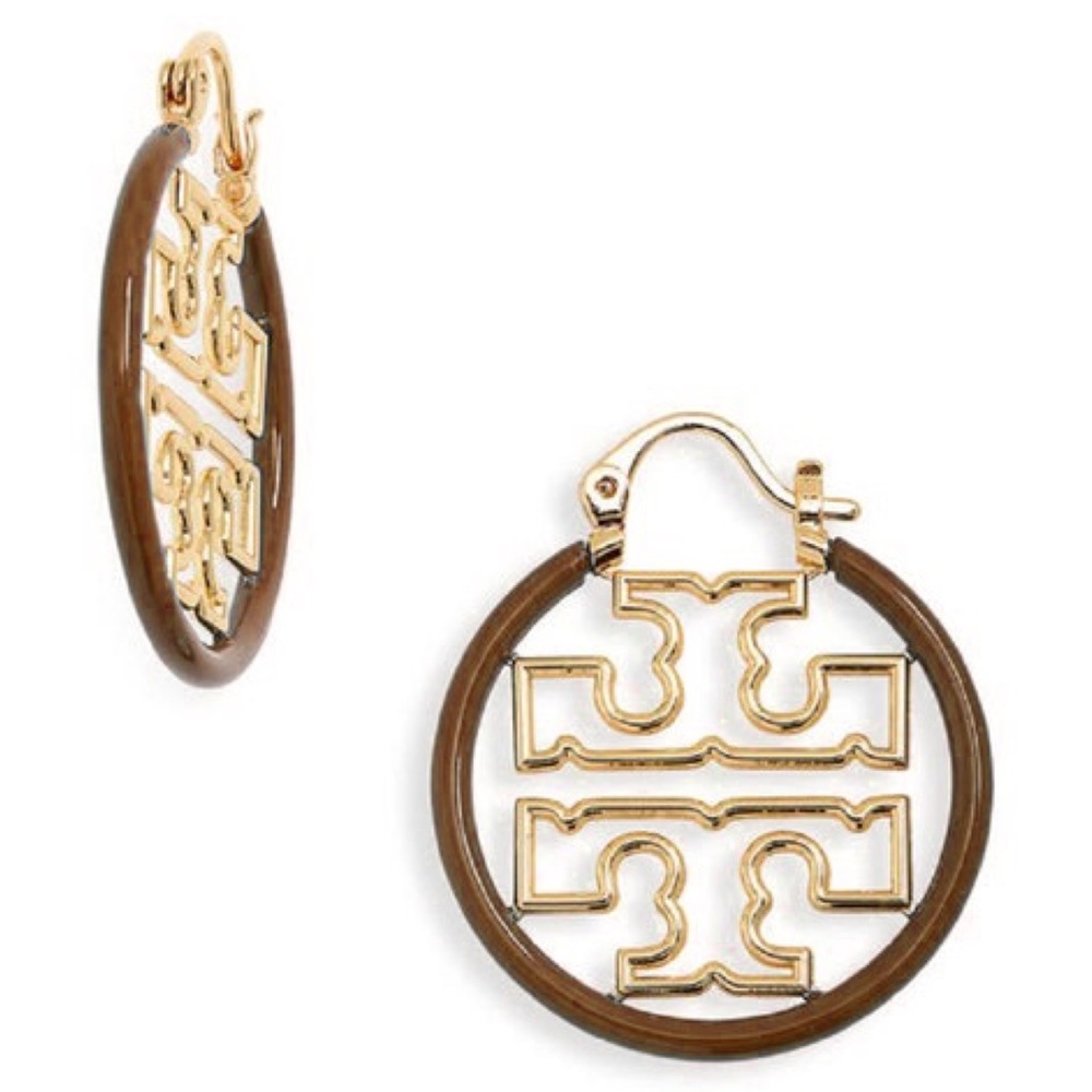 TORY BURCH • Cocoa Miller Wire Hoop Logo Earrings - Picture 1 of 4
